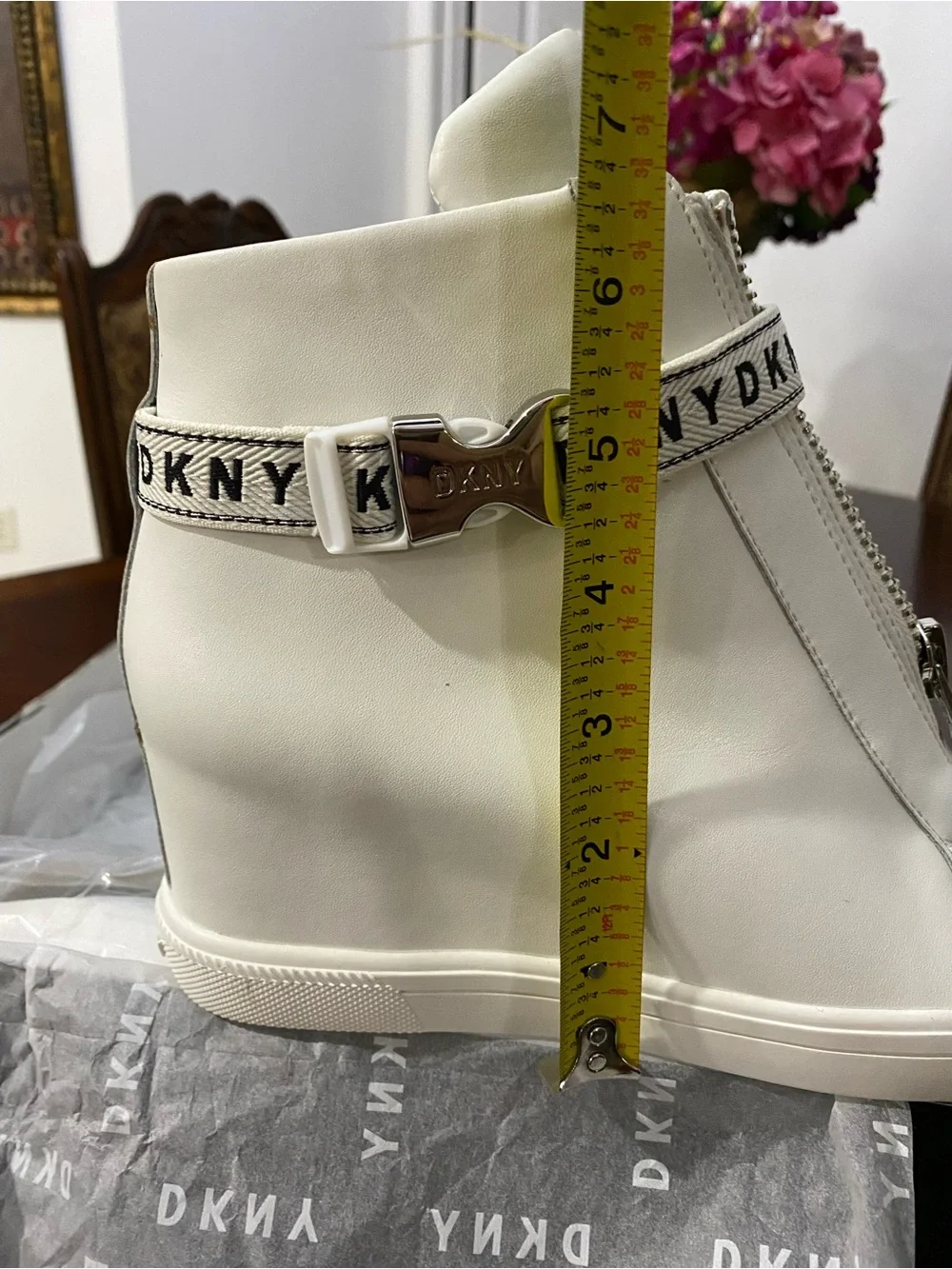 DKNY White Leather Wedge Sneaker Boot with Branded Strap